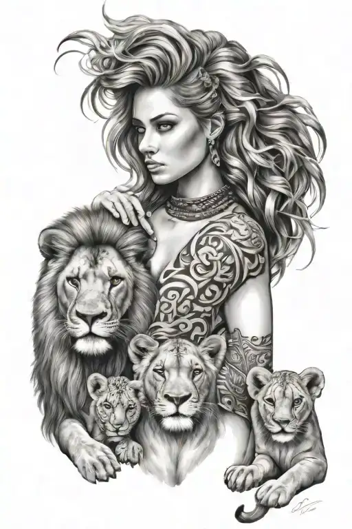 Stong Women With 3 Lion Cubs