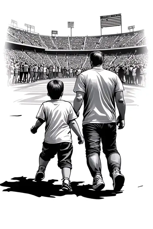 Father And Son Walking Out Of A Stadium Filled With Cheering Fans