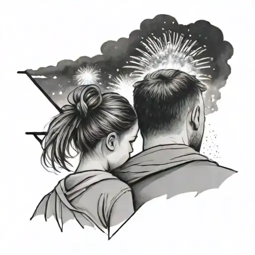 Dad And Daughter Rear Facing On Roof Watching Fireworks