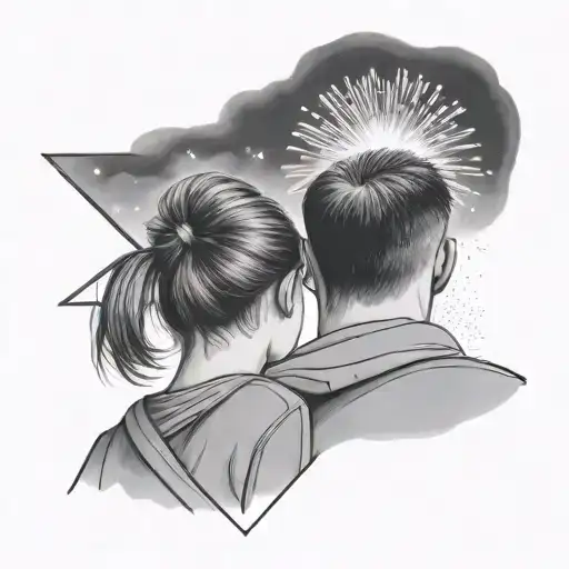 Dad And Daughter Rear Facing On Roof Watching Fireworks