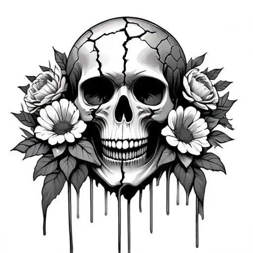 Skull That's Crying With Cracked Head Holding Flowers Like A Vase