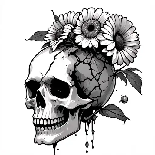 Skull That's Crying And Top Of Its Head Is Cracked And Holding Flowers Like A Vase