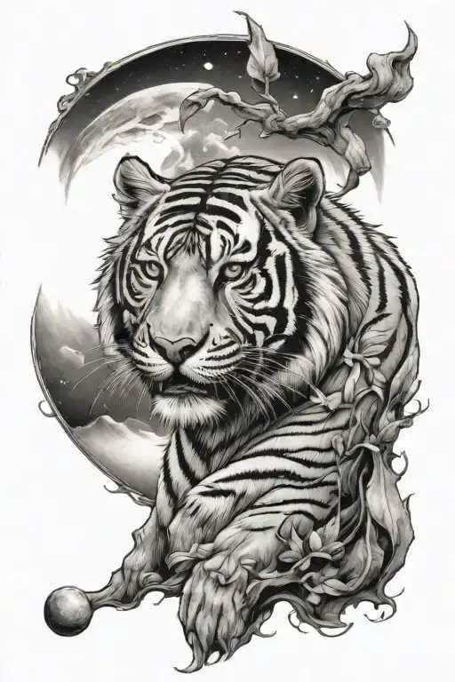 Glowing Moon With White Tiger In Sand