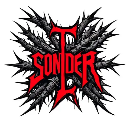 Sonder In Red Bold With Black Outline And Thorns Through The Word