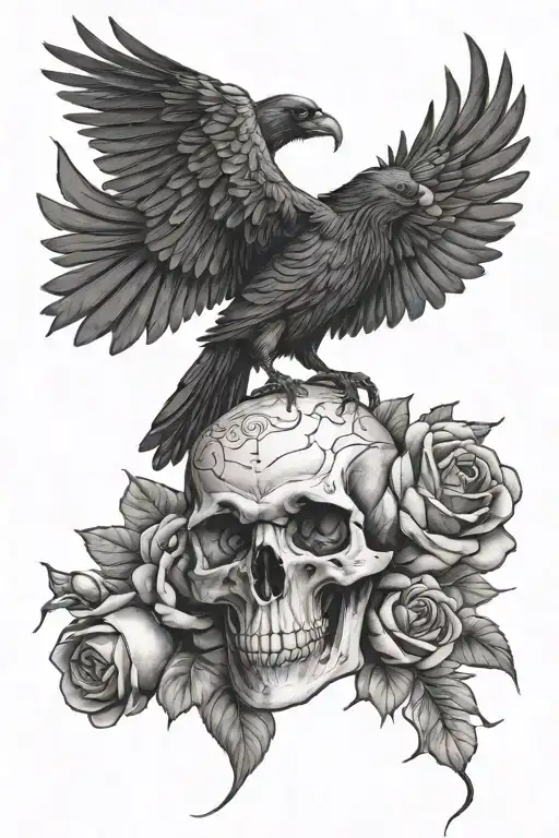 Raven On A Skull With Roses