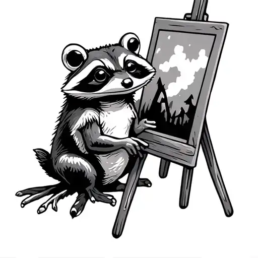 Frog Sitting On A Lag Painting A Picture On An Easel Of A Cute Raccoon