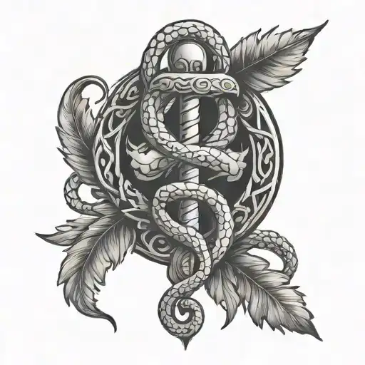 Caduceus Symbol With Fierce Snakes And Laurel Wreath