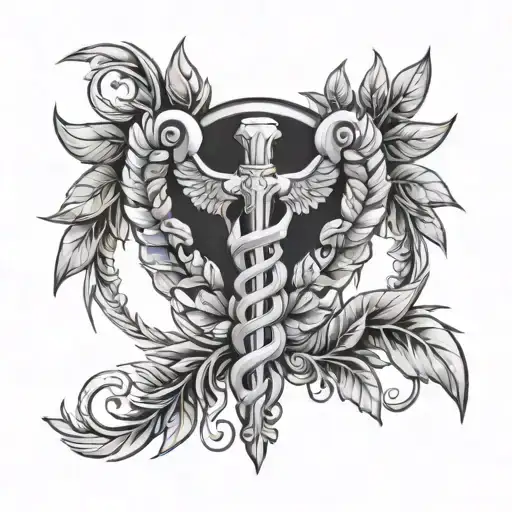 Caduceus Symbol Surrounded By Laurel Wreath