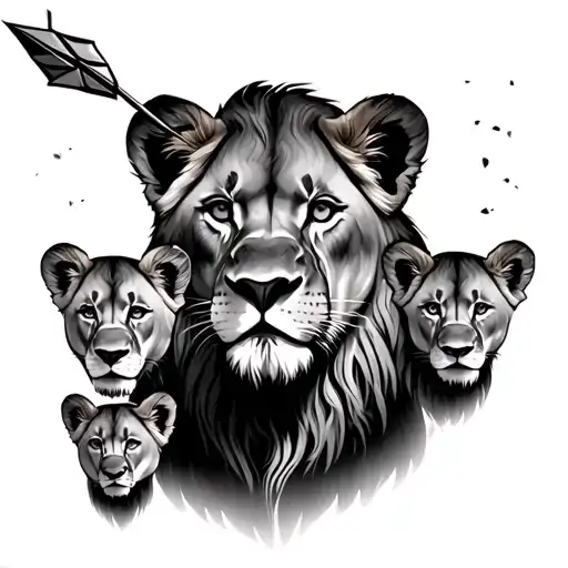 Lioness With Arrow 4 Cubs Face Only On The Side