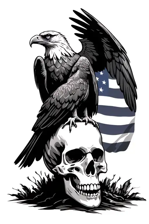Eagle Sitting On Skull American Flag Wings Spread
