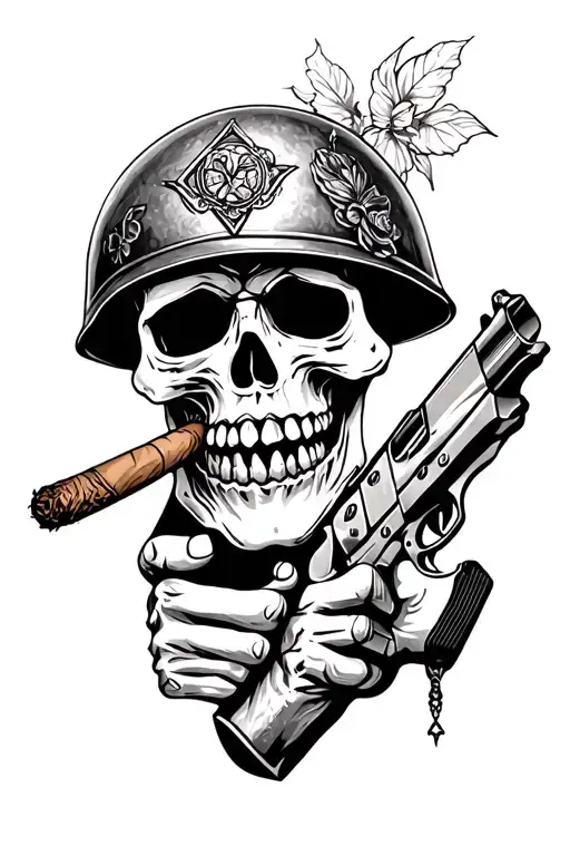 Skull With Helmet And Cigar Holding A Pistol