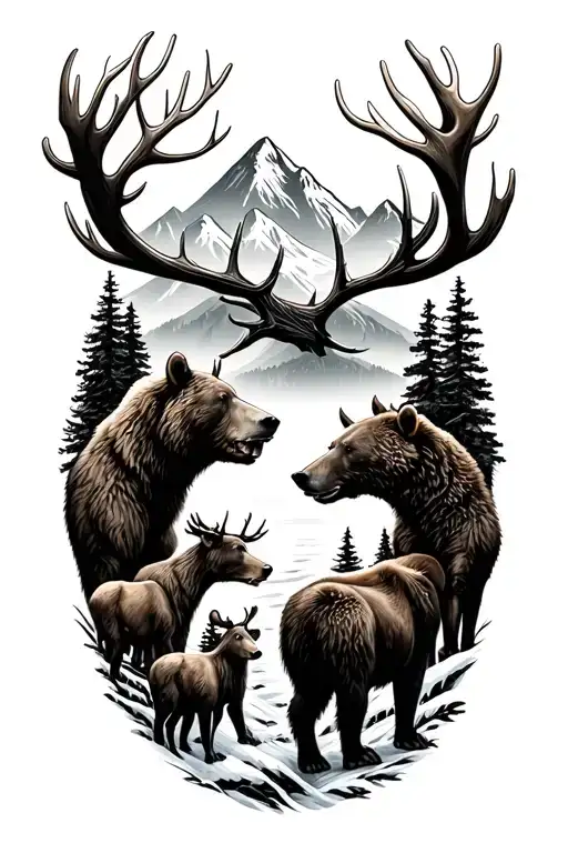 Nature Mountain Landscape Tattoo Featuring Bears Surrounded By Elk
