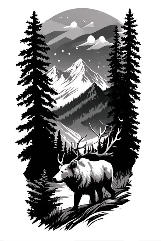 Nature Mountain Landscape Tattoo Featuring A Bear And An Elk