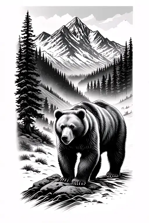 Nature Mountain Landscape Tattoo Featuring A Bear Walking