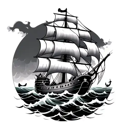 Anchor Ang Propeller With Pirates Ship Sailing Through Stormy Seas