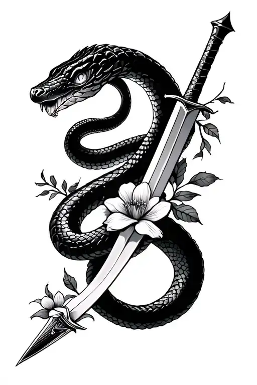 Snake With A Sword And Flowers
