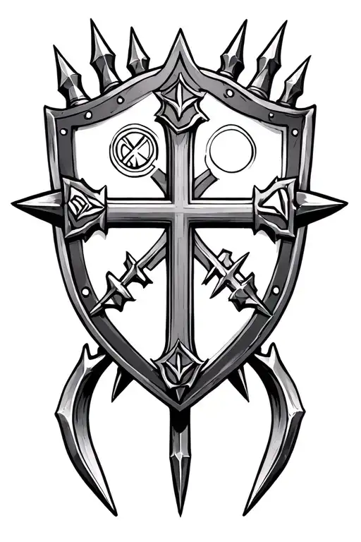 Shield With Symbols In Each Section Of A Cross Made Of Two Large Spike Nails