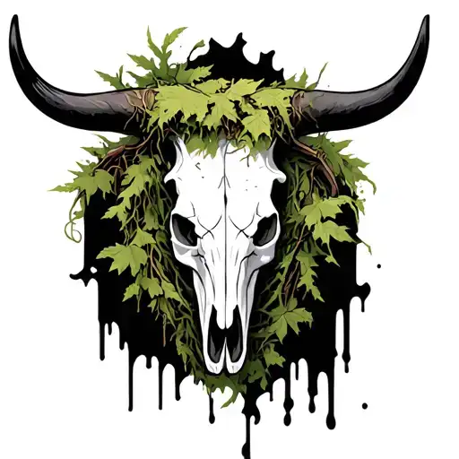 Symmetrical Bull Skull With Moss And Vines