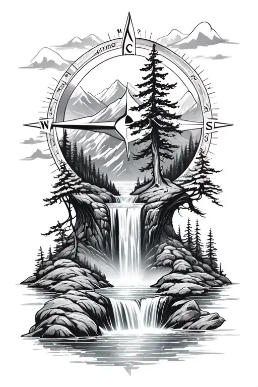 Waterfall Flowing With Trees Mountains Inside Compass