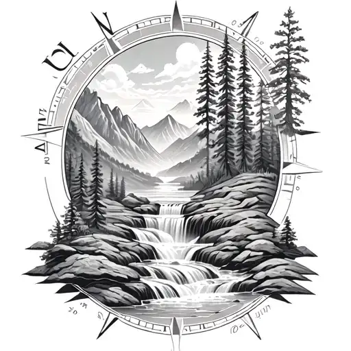 Waterfall Flowing With Trees Mountains Inside Compass