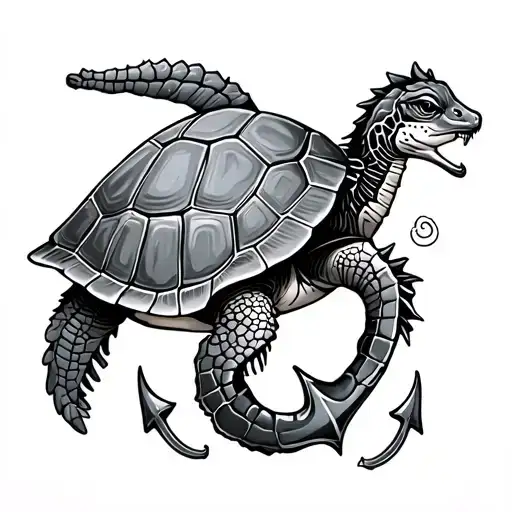 Shellback Turtle With A Anchor With Seahorse Surrounded