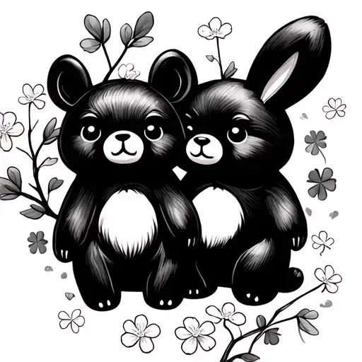Kawaii Bunny And Bear With Cherry Blossoms And Clovers