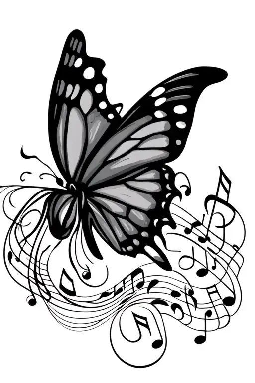 Butterfly Flying Up Along Music Notes And Swirls With Butterfly Body Is Made Of A Semi Colon