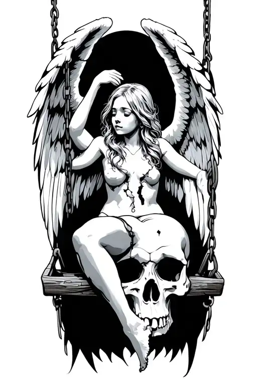 Broken Angel Sitting On A Swing Suspended From A Skull