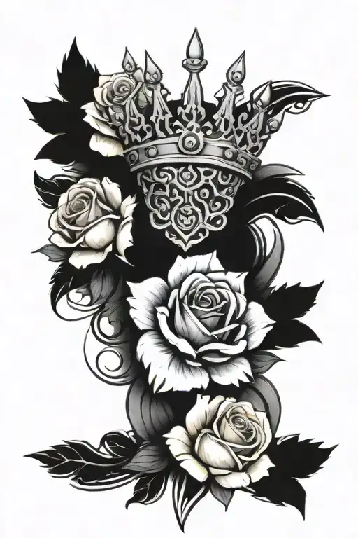 Forearm Tattoo That Has A Crown And Roses With Tribal Designs Underneath