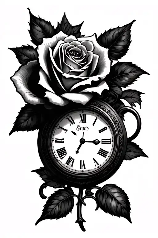 Roses And Clock With Name Sleeve Tattoo Design