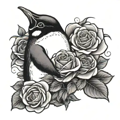 Penguin Holding A Rose Intertwined