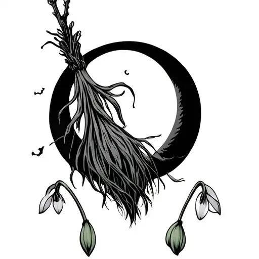 Witches Broom With Crescent Moon Behind And Two Snow Drops And One Narcissus