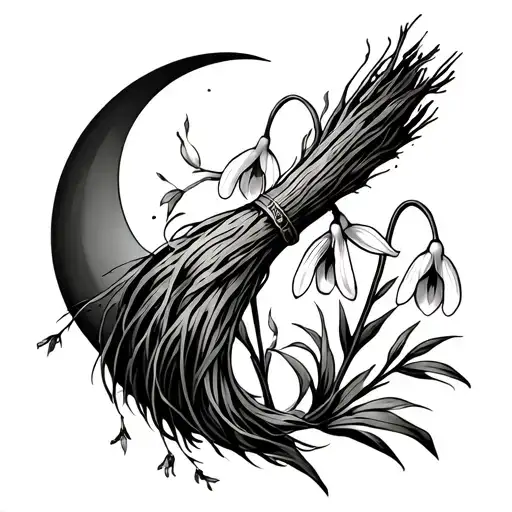 Witches Broom With Crescent Moon Behind And Two Snowdrop Flowers And One Narcissus Flower