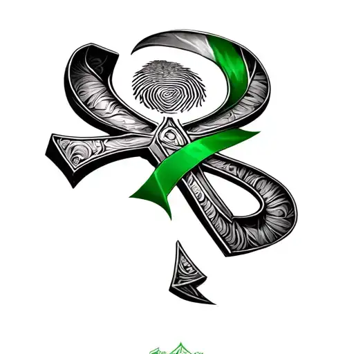 Ankh Symbol With Fingerprint Inside With Green Ribbon