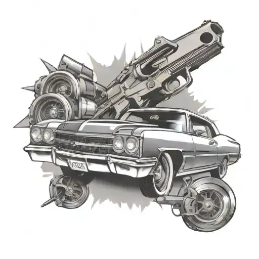 Design A Tattoo Showcasing A Sleek Chevy Car Surrounded By Gun Motifs