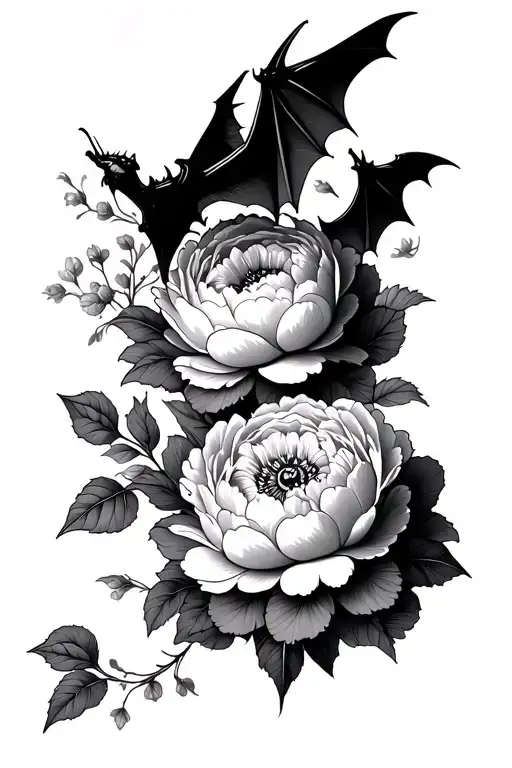 Peony Flowers And Bat Flying Fine Line Hip Tattoo Design