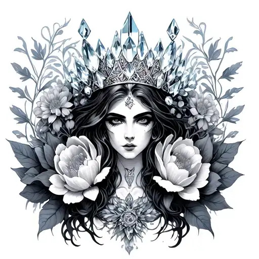 Goddess Nyx With Crystal Crown Surrounded By Bold Flowers