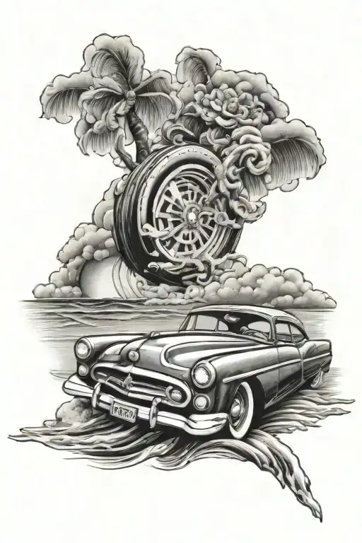 Create A Tattoo Of A Vintage Car Cruising Down A Beach With Waves Crashing In The Background