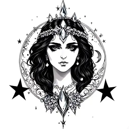 Goddess Nyx With Crystal Headband Surrounded By Stars And Moon