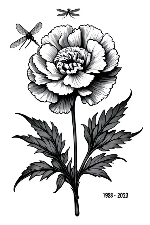 A Carnation With A Small Dragonfly On The Stem And The Year 1928-2023 In The Stem