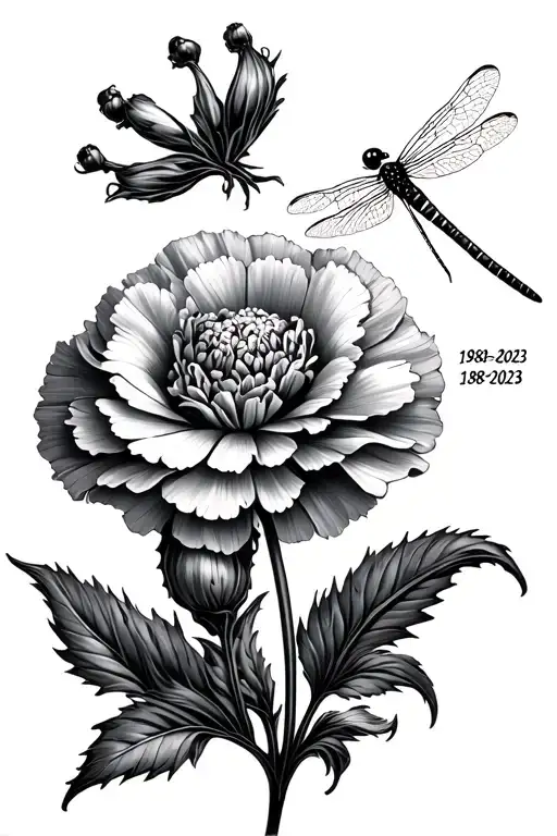 A Carnation With A Small Dragonfly On The Stem And The Year 1928-2023 In The Stem