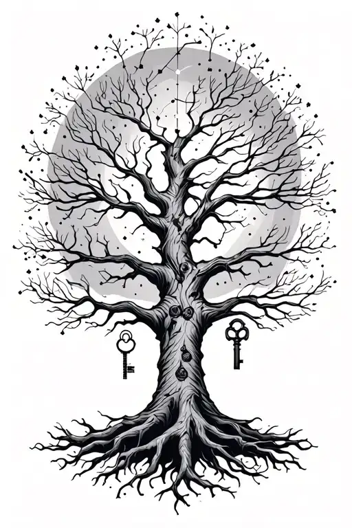 Fine Line Tree With Roots And Constellations And A Key