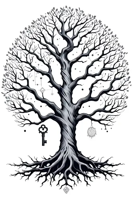 Fine Line Tree With Roots And Constellations And A Key