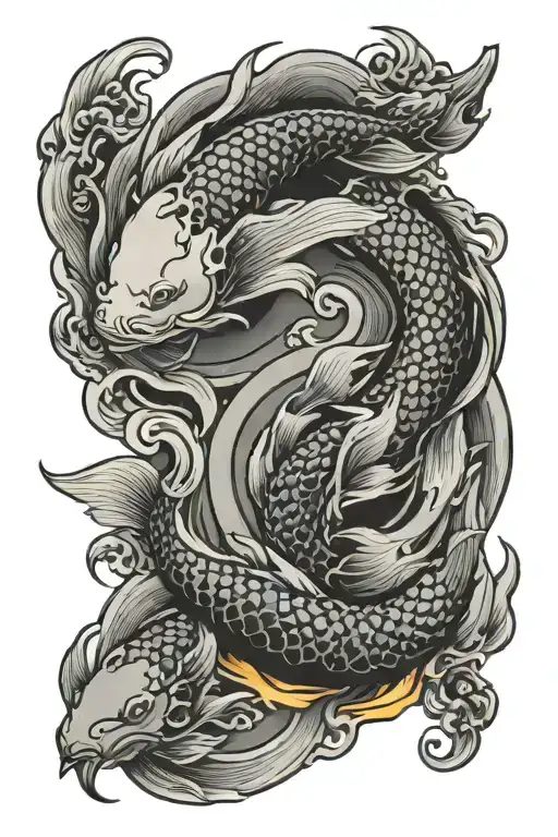 Koi Fish Yin Yang Inside Japanese Dragon Breathing Fire