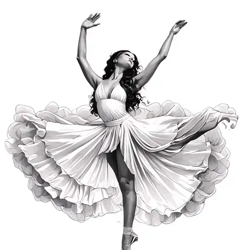 Female Dancer In White Dress Being Caught Up Into Sky With Arms Up