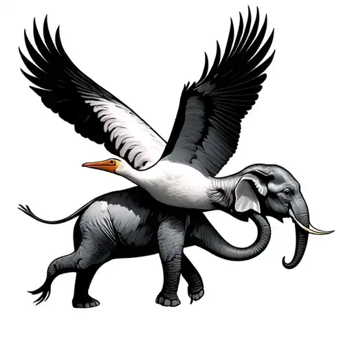 Stork Flying With Baby Elephant