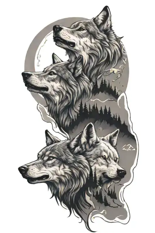 Wolves In The Mountains At Dusk Under A Full Moon