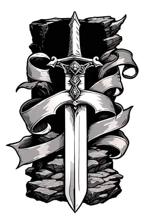 Sword In The Stone With A Ribbon Around It
