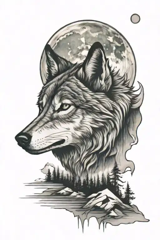 Wolf In The Mountains At Dusk Under A Full Moon