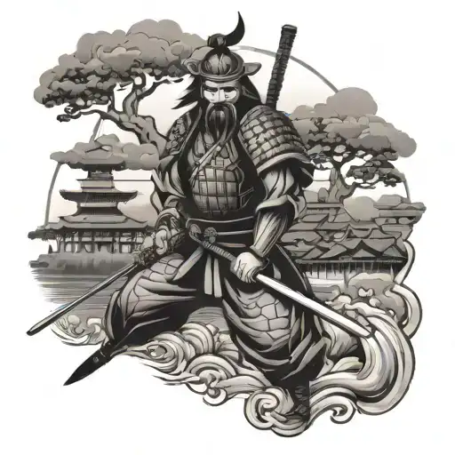 Samurai Warrier Temple Sunset Background